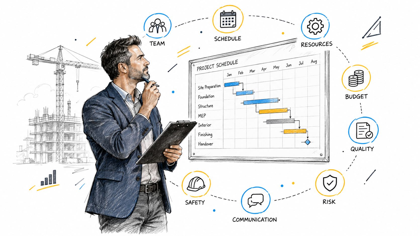 A professional construction project manager reviewing a detailed project schedule diagram in a modern office environment.