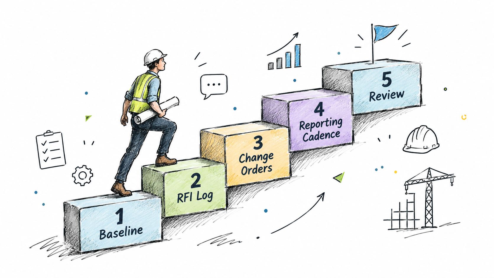An illustrated representation of a five-step construction project management process with a worker climbing numbered steps.