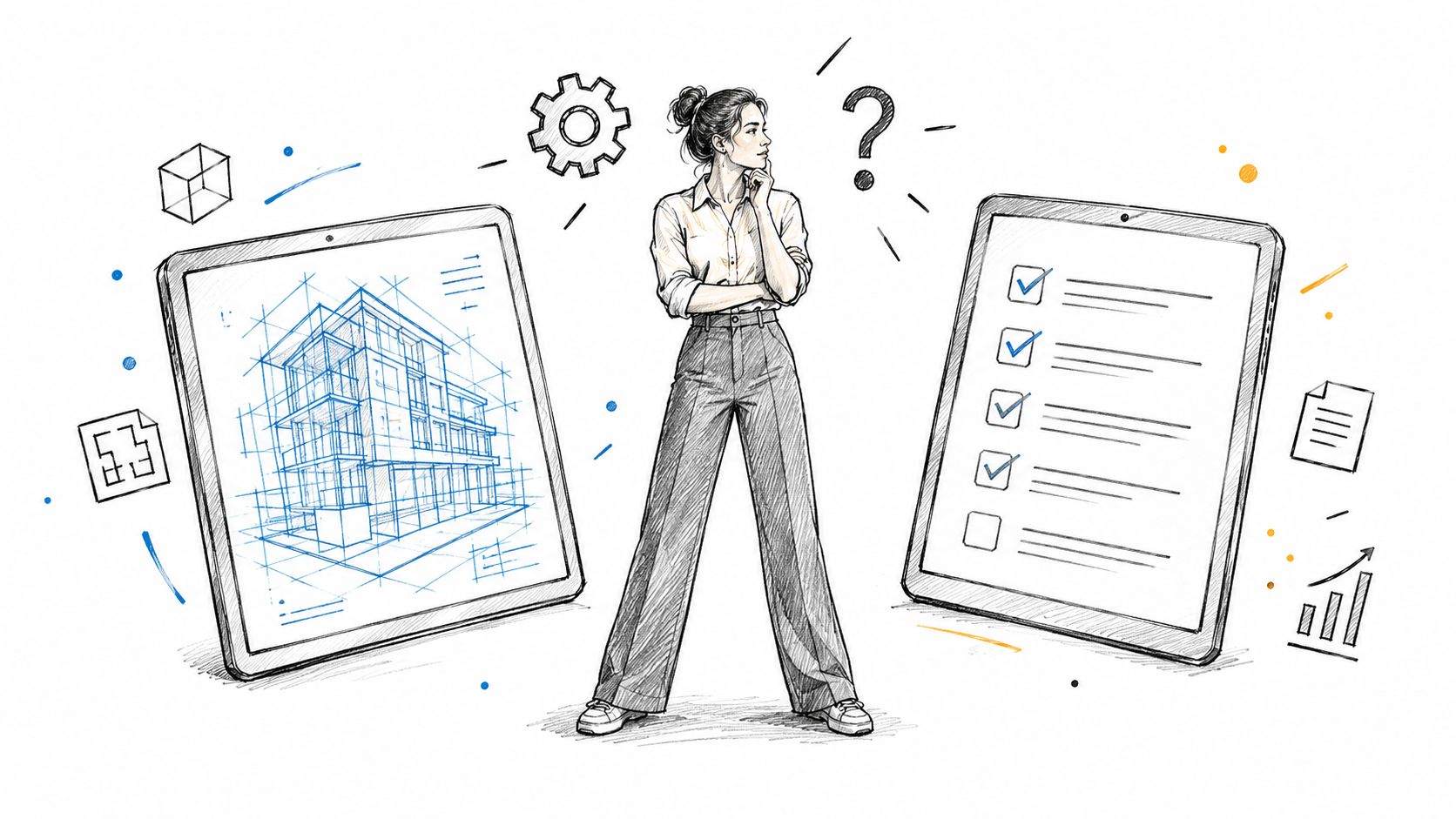 A professional woman standing between a digital architectural blueprint tablet and a completed project checklist.