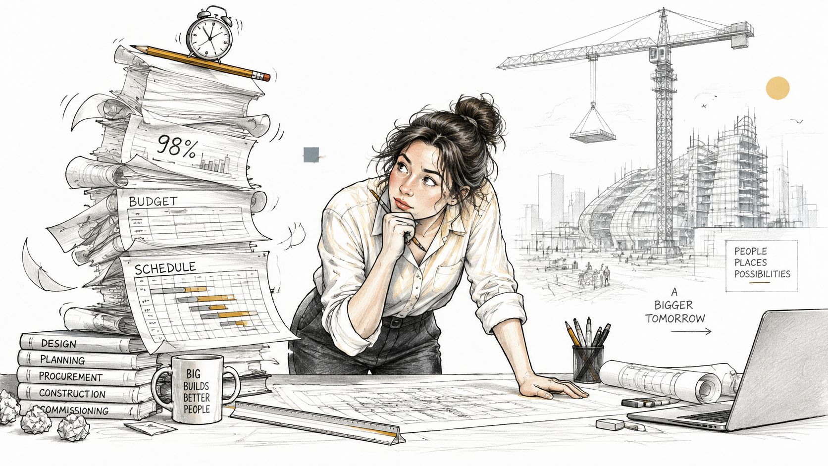 A professional woman planning a complex construction project with documents, blueprints, and a laptop on her desk.